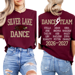 Maroon Bella Canvas graphic tee shown on model front and back with gold and white Silver Lake Dance front print and Dance Team 2026-2027 roster of dancer names on back