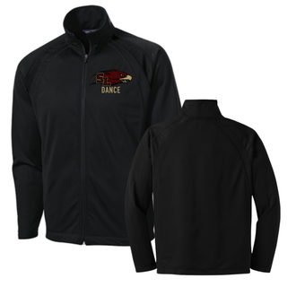 Black full zip tricot warm-up jacket showing front view with maroon and gold Silver Lake Eagles SL Dance DTF print on left chest and clean back view on white background