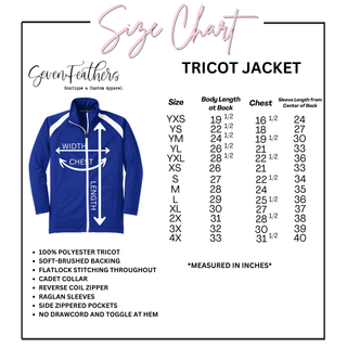 Size chart for tricot jacket with measurements in inches including body length at back, chest width, and sleeve length from center back