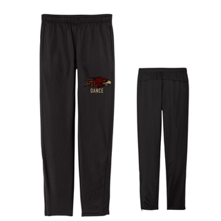 Black tricot warm-up track pants showing front view with maroon and gold Silver Lake Eagles SL Dance DTF print on left leg and clean back view with ankle zippers on white background