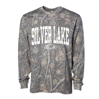 Camo long sleeve top featuring distressed Silver Lake Eagles lettering and eagle graphic
