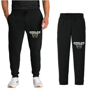 Man wearing black Silver Lake Eagles Football Apex core fleece jogger with eagle football graphic on thigh