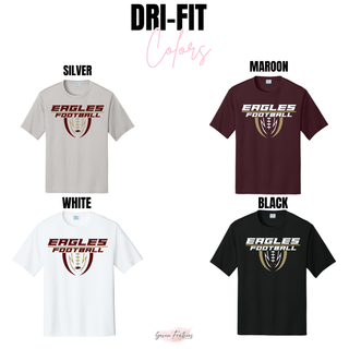 Silver, Maroon, White, and Black Dri-Fit Performance Top options with Silver Lake Eagles Football Apex graphic