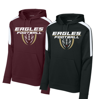 Maroon and black Silver Lake Eagles Football Apex Fan Favorite Hoodies with eagle football graphic and colorblock shoulder