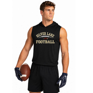Man wearing black Silver Lake Eagles Football Classic competitor sleeveless hoodie holding football