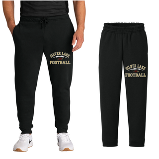 Man wearing black Silver Lake Eagles Football Classic core fleece jogger with maroon and gold leg graphic