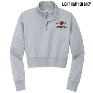 Light heather grey District women's cropped half-zip with Silver Lake Eagles Football Classic maroon design