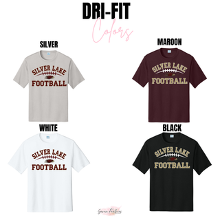 Dri-Fit performance top color options for Silver Lake Eagles Football Classic design in silver, maroon, white, and black