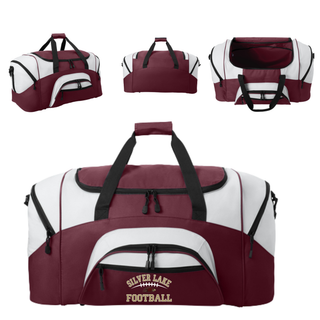 Silver Lake Eagles Football Classic sport duffel bag shown from multiple angles with gold and maroon design