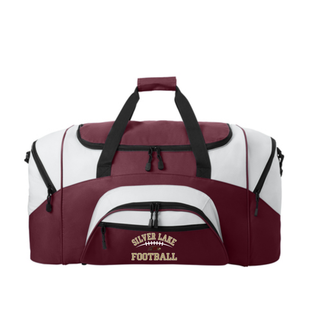 Maroon and white Silver Lake Eagles Football Classic sport duffel bag with eagle head graphic