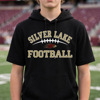 Boy wearing black Silver Lake Eagles Football Classic short sleeve hooded pullover on football field