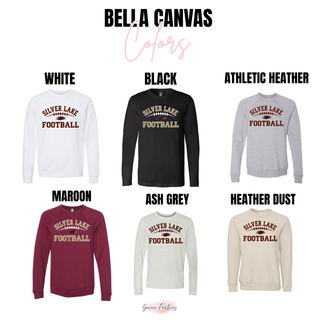 Bella Canvas long sleeve and crewneck color options for Silver Lake Eagles Football Classic top in white, black, athletic heather, maroon, ash grey, and heather dust