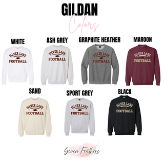 Gildan crewneck color options for Silver Lake Eagles Football Classic top in white, ash grey, graphite heather, maroon, sand, sport grey, and black