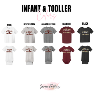 Infant onesie and toddler tee color options for Silver Lake Eagles Football Classic top in white, heather grey, granite heather, maroon, and black