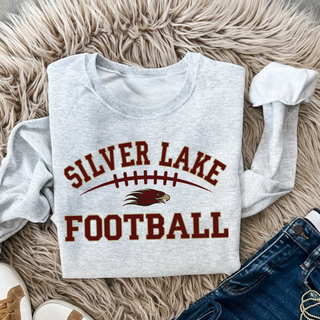 Grey Silver Lake Eagles Football Classic top with maroon and gold eagle head and football lace graphic
