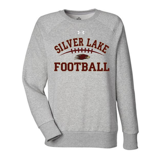 Grey Under Armour women's rival fleece crewneck with Silver Lake Eagles Football Classic maroon and gold design