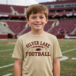 Boy wearing vegas gold Silver Lake Eagles Football Classic Dri-Fit tee on football field