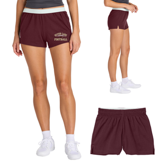 Woman wearing maroon Silver Lake Eagles Football Classic women's jersey knit squad short with white waistband