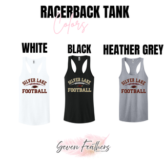 Next Level women's racerback tank color options for Silver Lake Eagles Football Classic design in white, black, and heather grey