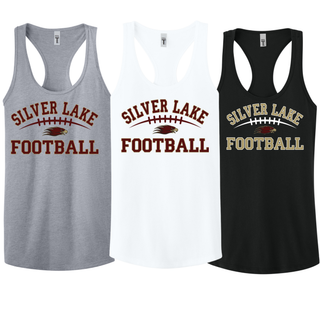 Silver Lake Eagles Football Classic women's racerback tank in heather grey, white, and black with maroon and gold design