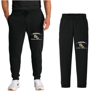 Male model wearing Silver Lake Eagles Football Kickoff black core fleece joggers with second pair flat lay view
