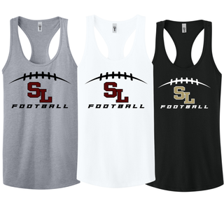 Silver Lake Eagles Football Kickoff women's racerback tanks in heather grey, white, and black side by side
