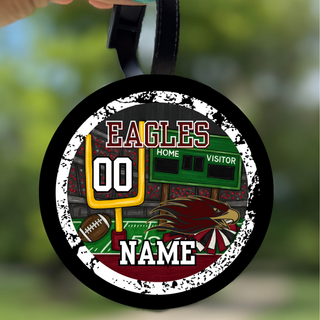 Silver Lake Eagles Football personalized round bag tag with goal post, football, and eagle head graphic