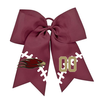 Maroon Silver Lake Eagles Football personalized cheer bow with eagle head graphic and gold number