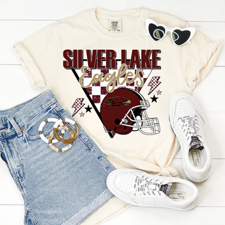Ivory Silver Lake Eagles Football Retro Checker top with helmet design styled with denim shorts and sneakers