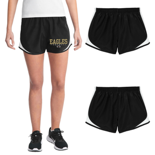 Woman wearing Black Women's Cadence Performance Short with Silver Lake Eagles Football Standard graphic
