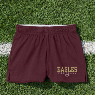 Maroon Women's Jersey Knit Squad Short flat lay with Silver Lake Eagles Football Standard graphic
