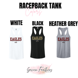 White, Black, and Heather Grey Women's Racerback Tank options with Silver Lake Eagles Football Standard graphic

