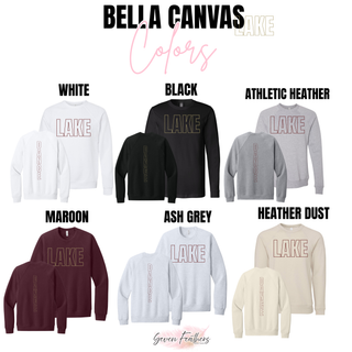 Silver Lake Eagles Lake Dance Bella Canvas crewneck and long sleeve shown front and back in white, black, athletic heather, maroon, ash grey, and heather dust with oversized outline LAKE front print and vertical DANCE sleeve print on white background