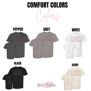 Silver Lake Eagles Lake Dance Comfort Colors top shown front and back in pepper, grey, white, black, and ivory with oversized outline LAKE front print and vertical DANCE sleeve print on white background