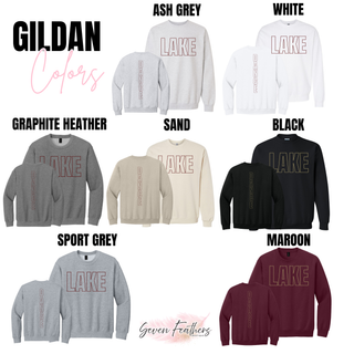 Silver Lake Eagles Lake Dance Gildan crewneck shown front and back in ash grey, white, graphite heather, sand, black, sport grey, and maroon with oversized outline LAKE front print and vertical DANCE sleeve print on white background