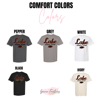 Silver Lake Eagles Lake Dance Team Comfort Colors top shown in pepper, grey, white, black, and ivory with maroon and gold Lake Dance Team DTF print on white background