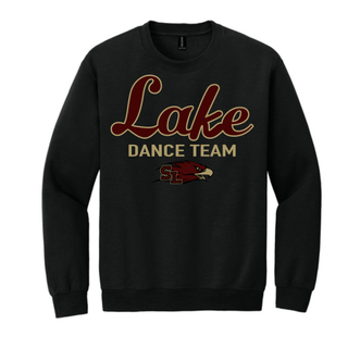 Black Gildan crewneck sweatshirt with large maroon and gold Lake Dance Team script DTF print and Silver Lake Eagles logo on chest on white background