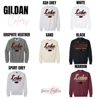 Silver Lake Eagles Lake Dance Team Gildan crewneck sweatshirt shown in ash grey, white, graphite heather, sand, black, sport grey, and maroon with maroon and gold DTF print on white background