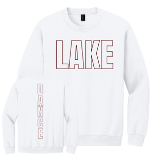 White Gildan crewneck sweatshirt showing front with oversized maroon outline LAKE block letter DTF print and back view with vertical maroon outline DANCE text down the left sleeve on white background