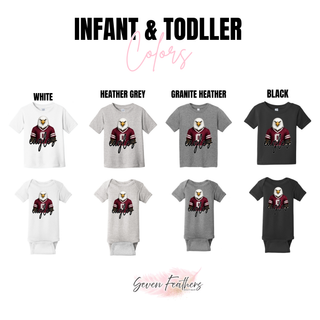 Infant and toddler chart for Silver Lake Eagles maroon jersey top in white, heather grey, granite heather, black
