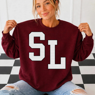 Silver Lake Eagles Oversized SL Black Outline Petite Polka Dot Top on a maroon crewneck sweatshirt