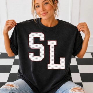 Silver Lake Eagles Oversized SL Maroon Outline Petite Polka Dot Top on a black tee