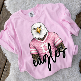 Pink crewneck sweatshirt with eagle mascot in pink jersey, Silver Lake Kansas spirit wear
