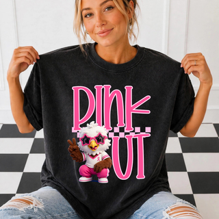 Silver Lake Eagles Pink Out Mascot Top - black tee with Pink Out bubble lettering, checkered stripe, and eagle mascot in star sunglasses and pink tracksuit