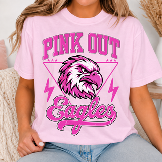 Pink t-shirt with PINK OUT arched above an eagle head in a triangle with lightning bolts, and Eagles in pink script below
