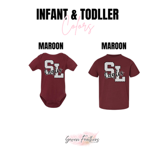 Infant and toddler color chart showing maroon bodysuit and maroon toddler tee with the Silver Lake Eagles polka dot SL letters design