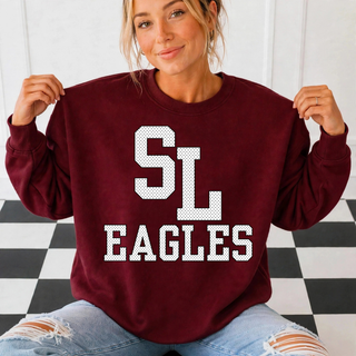 Silver Lake Eagles SL Monogram Petite Polka Dot Top on a maroon crewneck sweatshirt