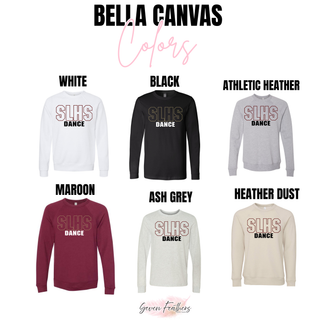  Silver Lake Eagles SLHS Dance outline Bella Canvas crewneck and long sleeve shown in white, black, athletic heather, maroon, ash grey, and heather dust with maroon and black outline SLHS Dance DTF print on white background