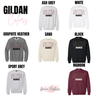 Silver Lake Eagles SLHS Dance outline Gildan crewneck shown in ash grey, white, graphite heather, sand, black, sport grey, and maroon with maroon and black outline SLHS Dance DTF print on white background