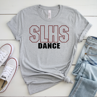 Athletic heather Bella Canvas top styled flat lay with white sneakers and denim jeans featuring large maroon and black outline SLHS Dance block letter DTF print on white wood background